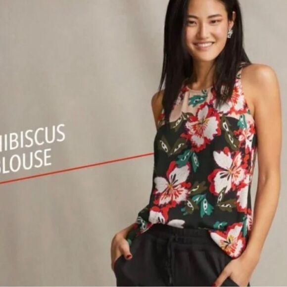 Cabi Black Red Colorful Hibiscus Floral Print Lightweight Sleeveless Tank Blouse - Picture 1 of 16